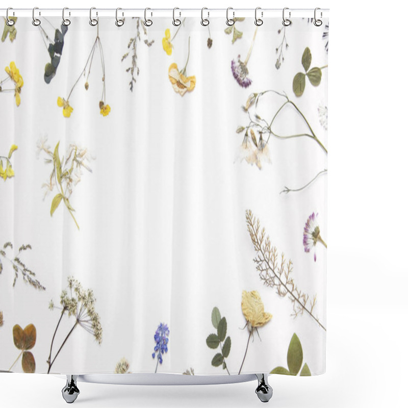 Personality  Various Dried Flowers And Herbs On White. Flat Lay. Shower Curtains