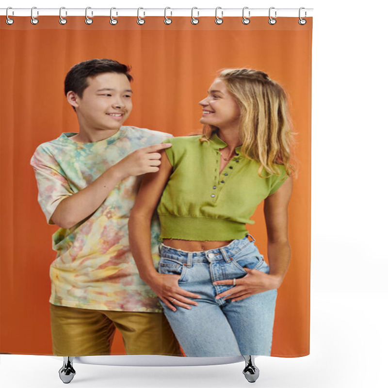 Personality  Joyous Interracial Teenagers In Casual Attires Smiling At Each Other On Orange Backdrop, Friendship Shower Curtains