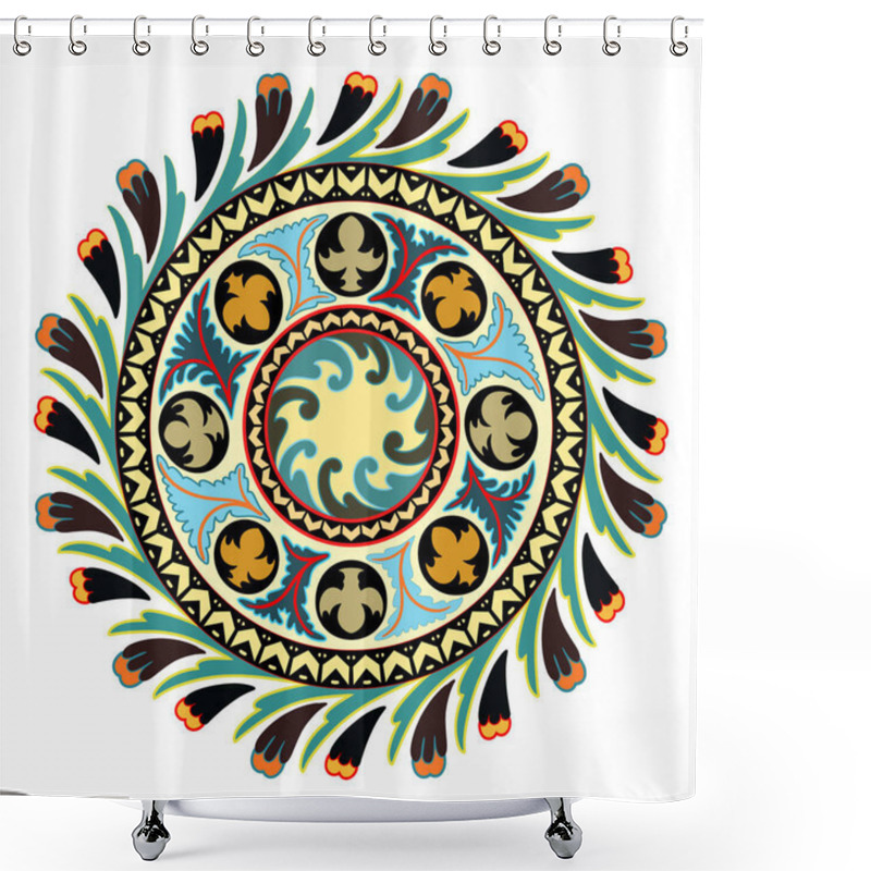 Personality  Round Vector Solar  Floral Ornament Motif, Composition Of Kazakh, Uzbek, Turk, Indian, Persian, Middle Asian, Arabian Islamic Vector Decorative Motifs And Elements, Damask Ornate Boho Style Vintage Decor Shower Curtains