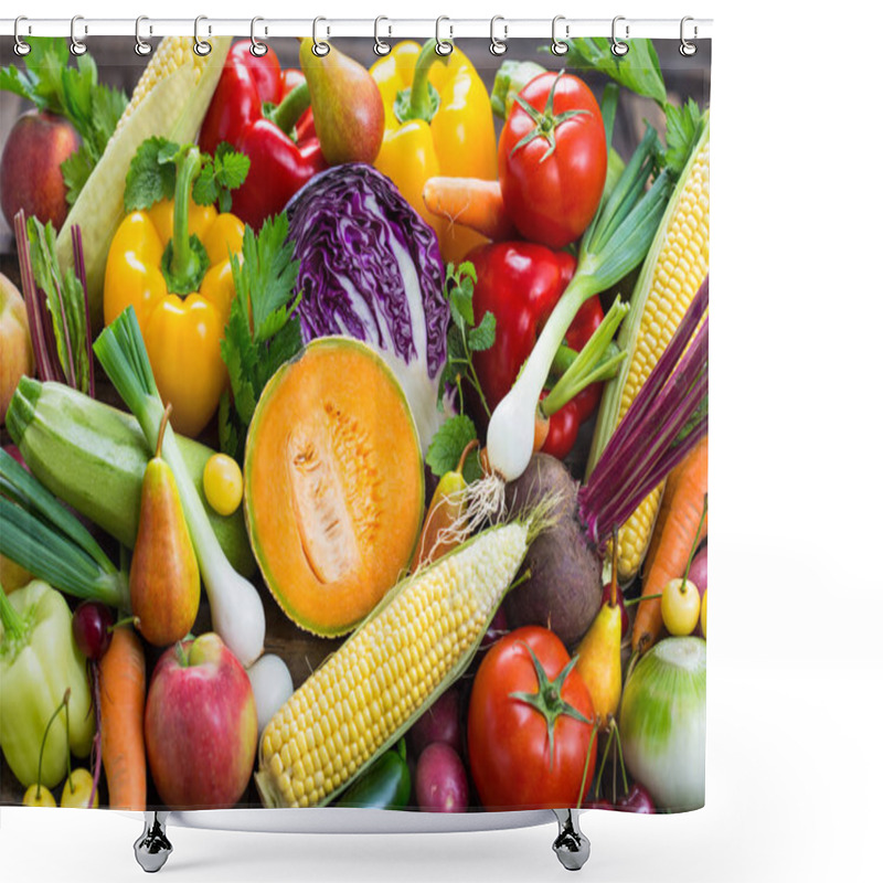 Personality  Close Up View Of Fresh Arranged Vegetables And Fruits On Wooden Background Shower Curtains