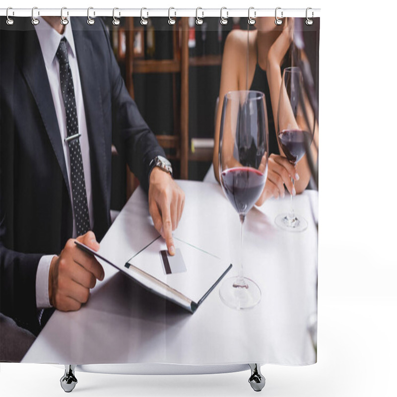 Personality  Cropped View Of Man Putting Credit Card In Restaurant Bill Near Glasses Of Wine And Girlfriend  Shower Curtains