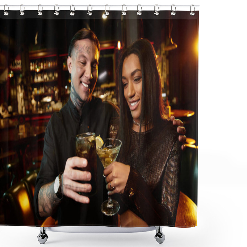 Personality  Young Couple Shares Cheerful Moments While Savoring Cocktails In A Lively Bar Atmosphere. Shower Curtains