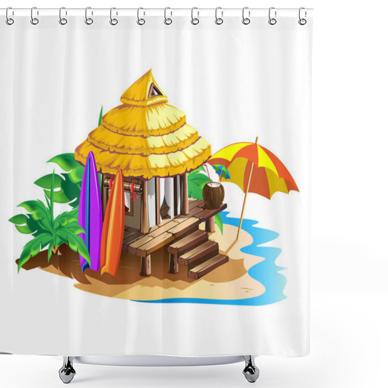 Personality  Tropical Hut With Thatched Roof. Summer Holidays In The Tropics By The Ocean. Isolated Vector Illustration In Cartoon Style Isolated On White Background. Shower Curtains