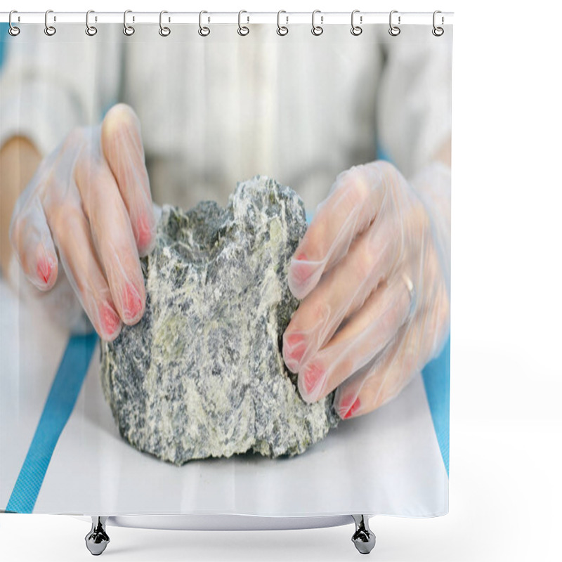 Personality  Female Hands Hold The Dangerous Mineral Asbestos. Shower Curtains