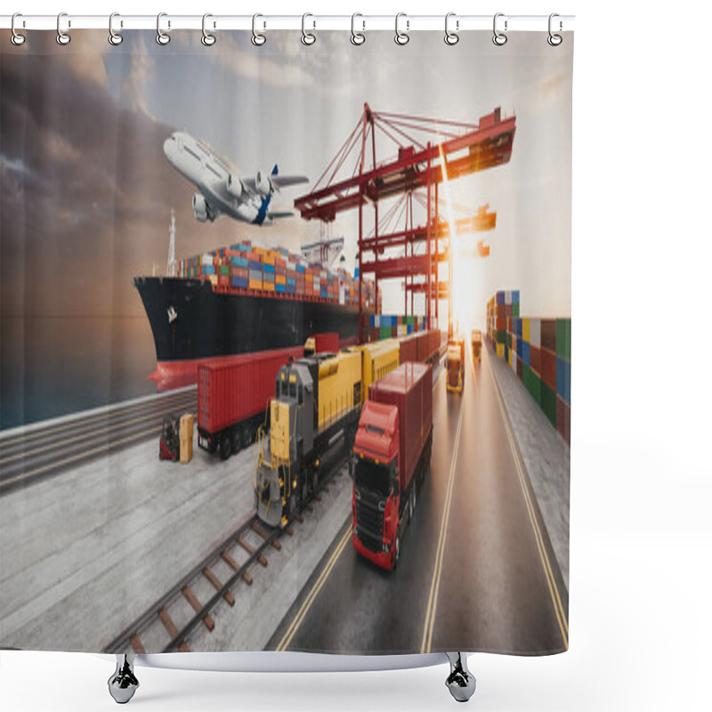 Personality  Realistic 3D Rendering Illustration Of A Global Logistics Hub Featuring Airplanes, Trucks, Containers, And Cargo Ships In A Busy Port Setting Shower Curtains