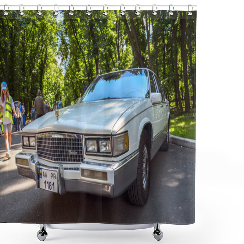 Personality  White Classic Sedan 1990 Cadillac De Ville Features An, Elegant Design And Is Powered By A Smooth, V8 Engine A Distinguished Example Of American Luxury And Sophistication Shower Curtains