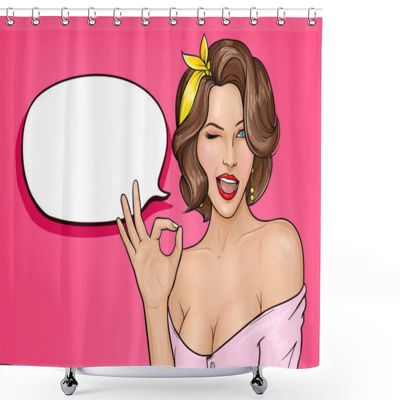 Personality  Pop Art Woman Showing Ok Sign And Winking Shower Curtains