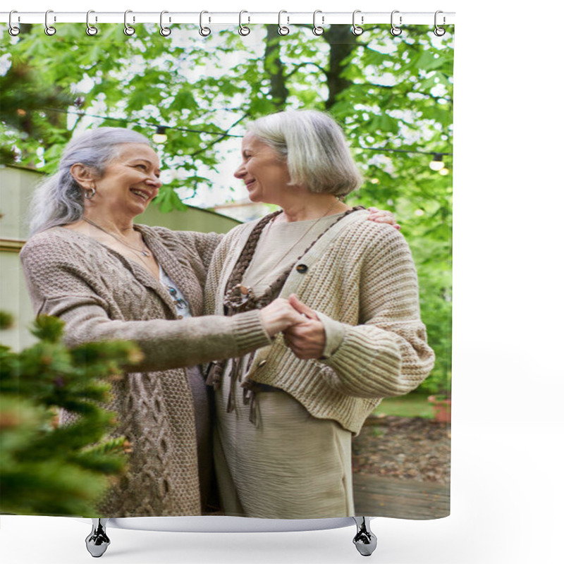 Personality  Two Women, Embracing Each Other, Stand In Front Of A Camper Van In A Lush Green Forest Setting. Shower Curtains