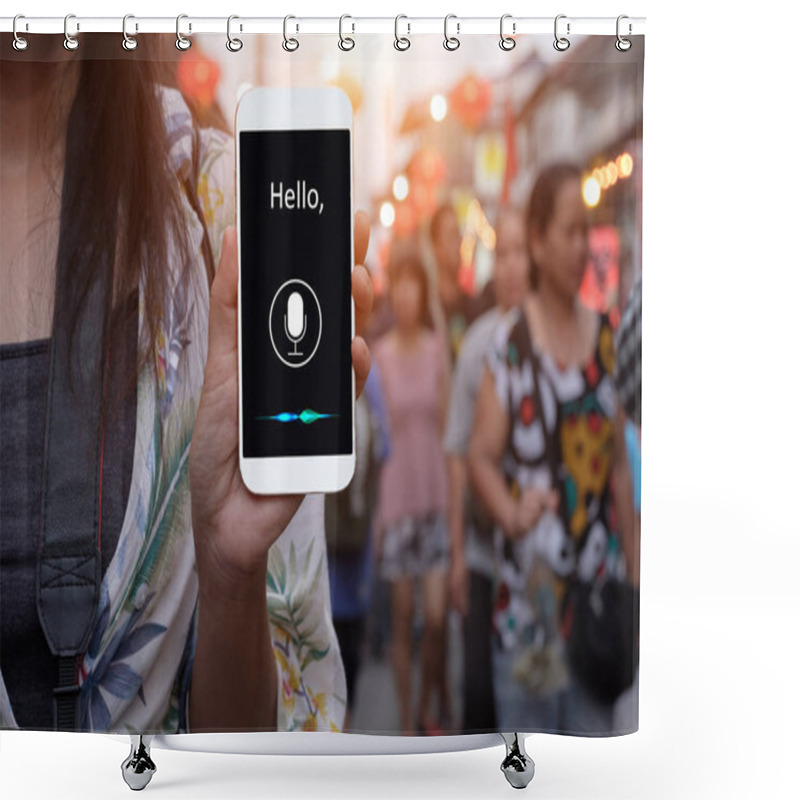 Personality  Voice Recognition , Speech Detect And Deep Learning Concept. Application On Mobile Phone Screen. Shower Curtains