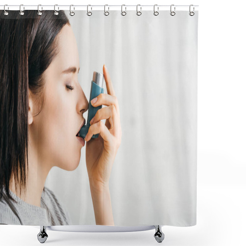 Personality  Side View Of Attractive Girl Using Asthmatic Inhaler On White Background Shower Curtains