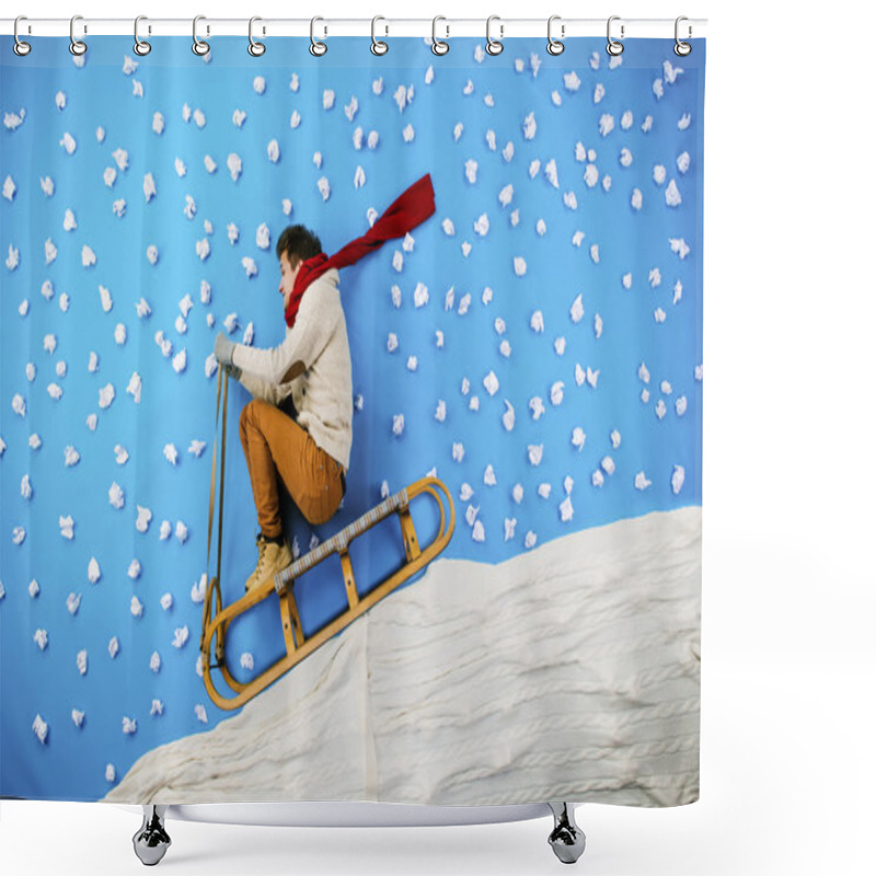 Personality  Young Man On Sled Having Fun Shower Curtains