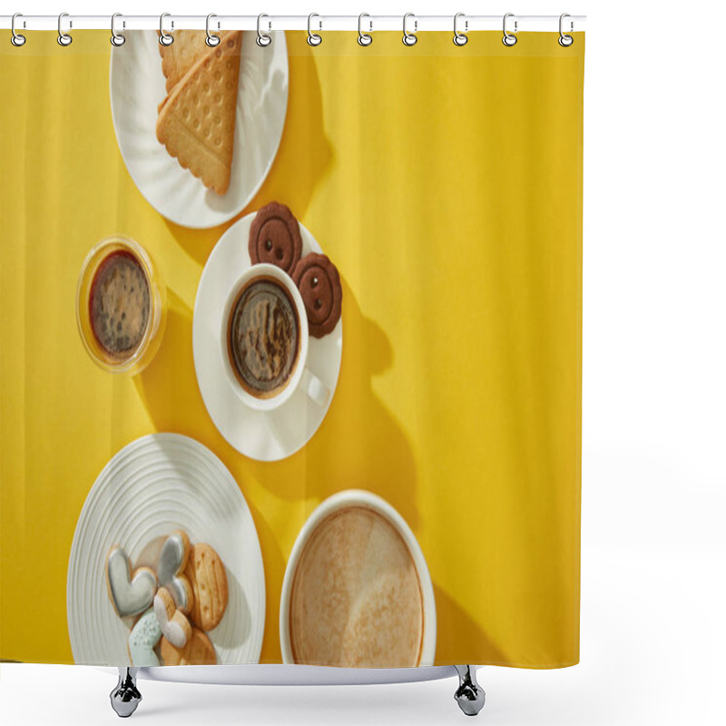 Personality  Top View Of Fresh Baked Cookies With Coffee On Yellow Background Shower Curtains