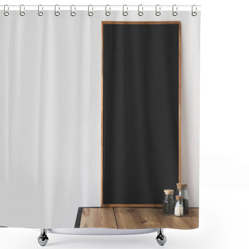 Personality  Glass Bottles With Coffee Beans And Refined Sugar And Blackboard On Wooden Table Shower Curtains