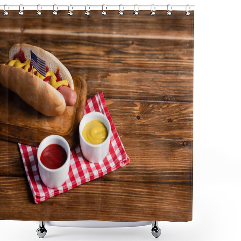 Personality  Hot Dog With Small American Flag On Chopping Board And Sauces On Plaid Napkin And Wooden Table Shower Curtains