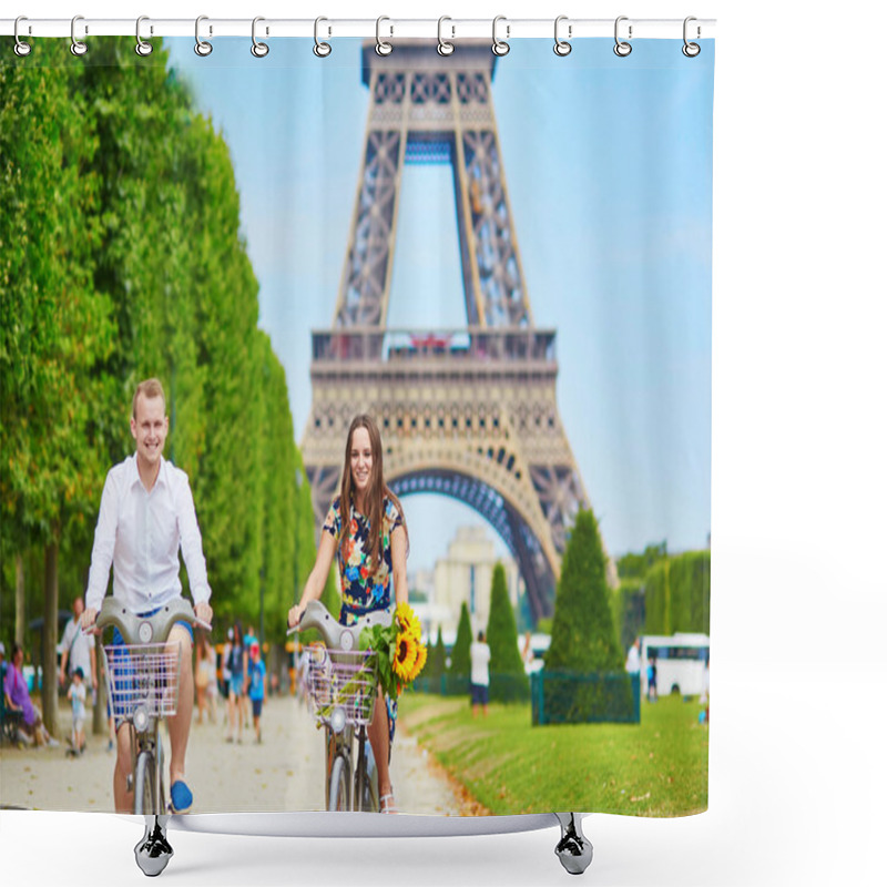 Personality  Young Couple Using Bicycles In Paris, France Shower Curtains