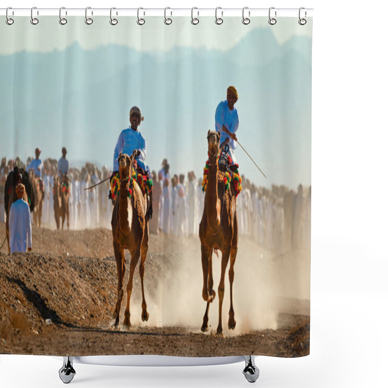 Personality  Oman, January 9, 2021. A Traditional Camel Race Event Is Being Held. Two Camel Riders Race With Each Other As A Huge Crowd Of Omani Local People Spectate The Event. Shower Curtains