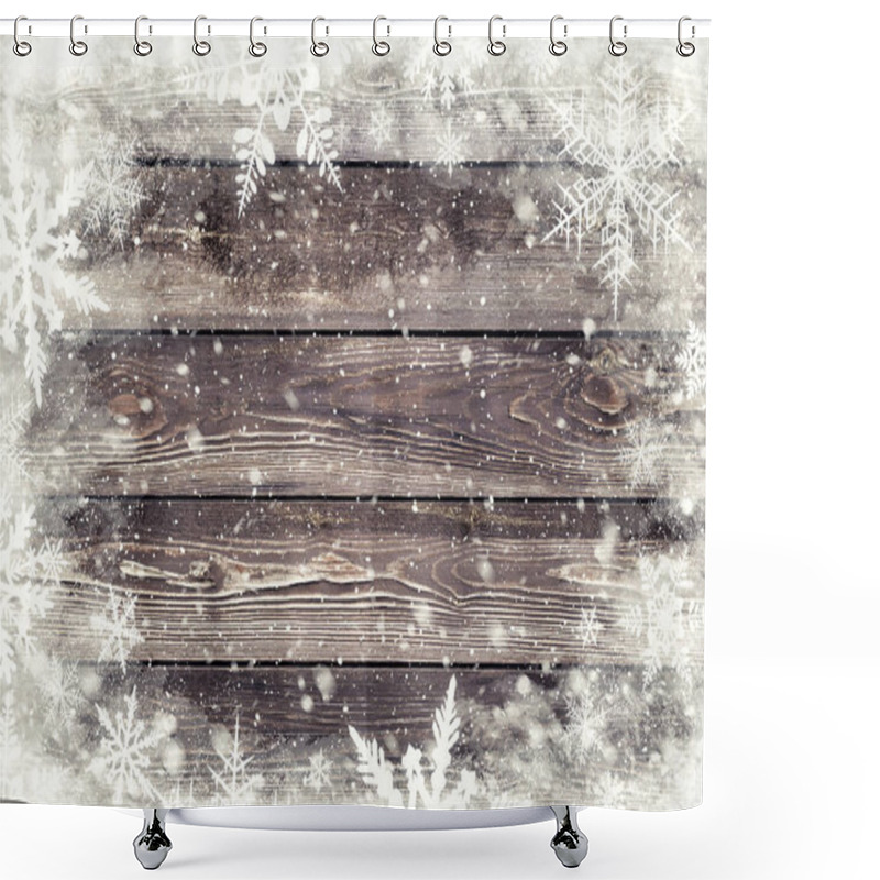 Personality  The Brown Wood Texture With Snow Flakes Over It. Winter Background Shower Curtains