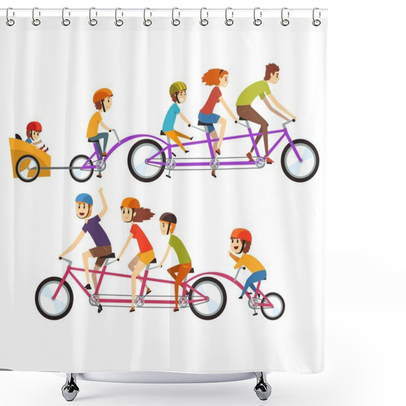 Personality  Illustration Of Two Happy Families Riding On Big Tandem Bike. Funny Recreation With Kids. Cartoon People Characters With Smiling Faces Expressions. Flat Vector Design Shower Curtains