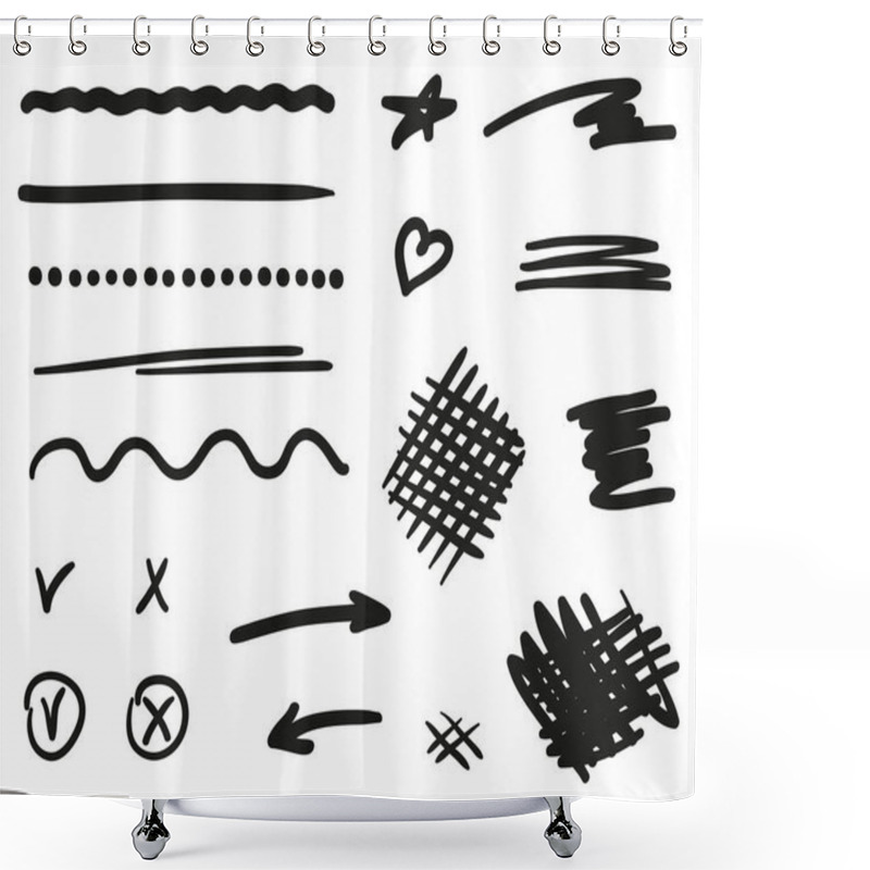 Personality  Hand Drawn Black Signs And Symbols On White. Outlined Simple Elements. Freehand Sketches. Black And White Illustration Shower Curtains