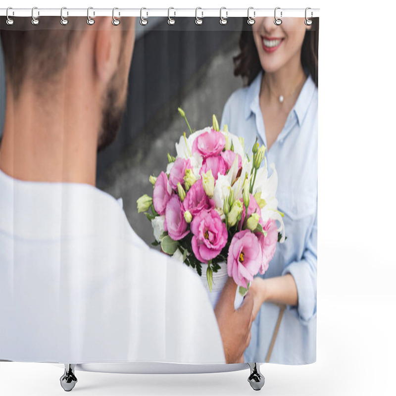 Personality  Selective Focus Of Happy Girl Receiving Flowers From Delivery Man Outside  Shower Curtains