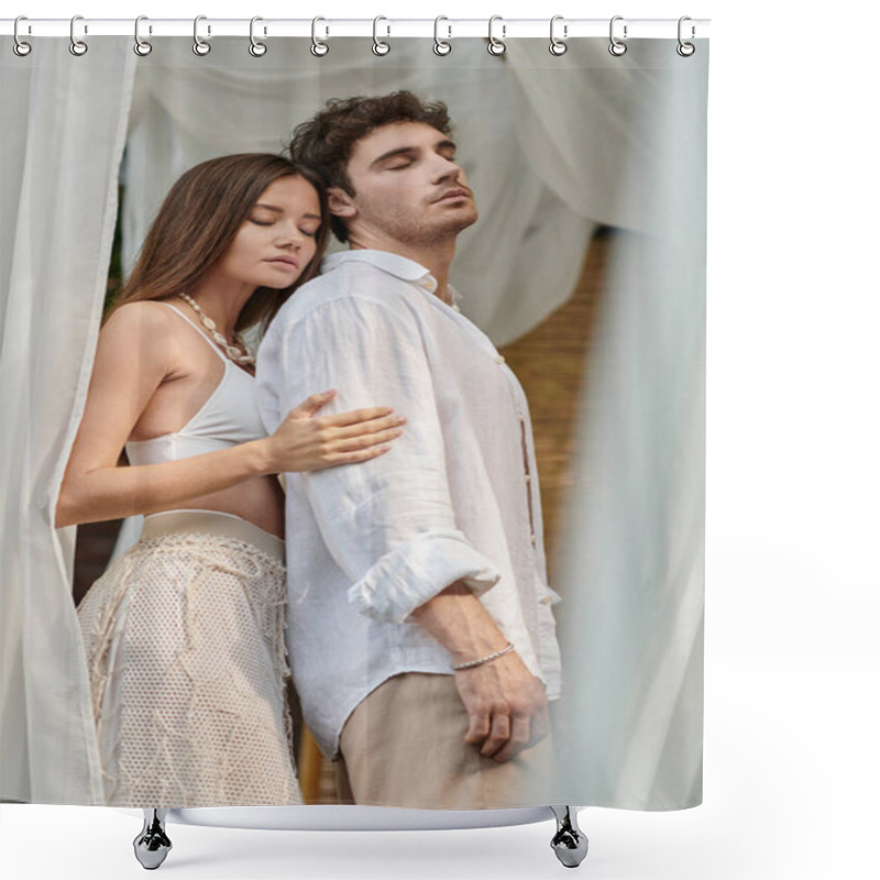 Personality  Tender Couple, Woman Embracing Handsome Man Near White Tulle Of Private Pavilion, Summer Vacation Shower Curtains