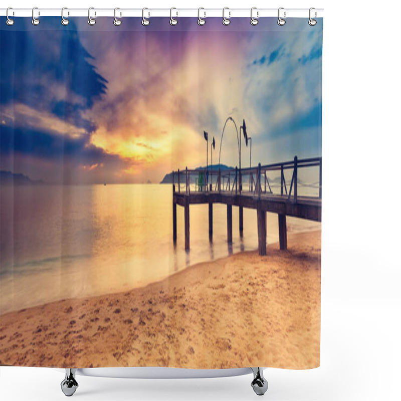 Personality  Sunrise Over The Sea. Pier On The Foreground. Amazing Landscape. Panorama Shower Curtains