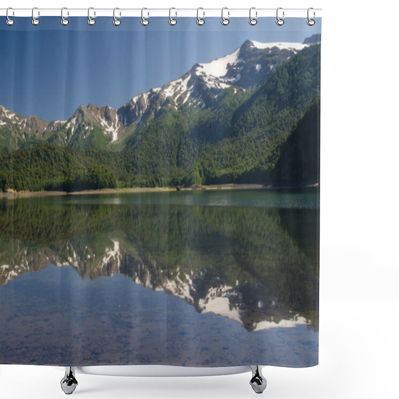 Personality  Cliffs And Forest Reflected On The Conguillio Lake. Shower Curtains