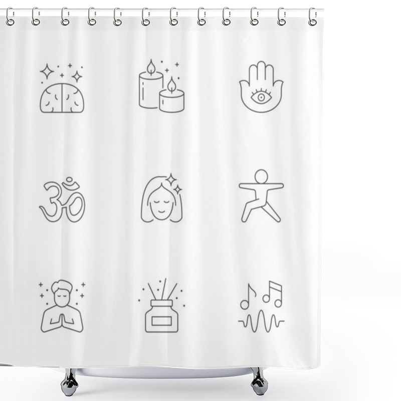 Personality  Set Line Icons Of Meditation Isolated On White. Brain, Aroma Sticks, Om, Namaste, Yoga, Asana, Enlightenment, Wellness, Music, Relaxation, Hamsa Hand, Zen. Vector Illustration Shower Curtains