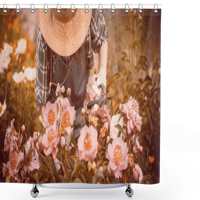 Personality  A Girl In A Straw Hat And Gloves Looks After Bushes Of Lush Pink Peonies Shower Curtains