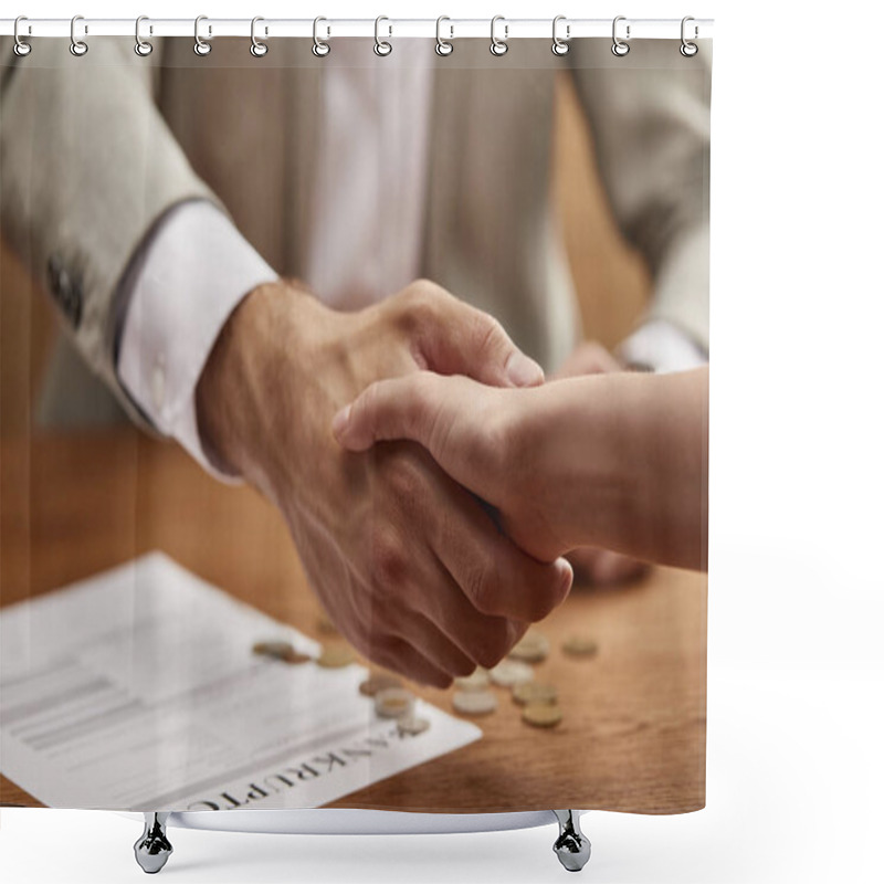 Personality  Cropped View Of Businessman And Businesswoman Shaking Hands At Wooden Table Shower Curtains