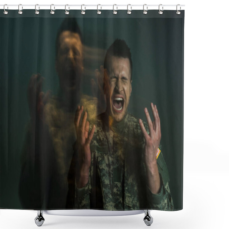 Personality  Long Exposure Of Serviceman In Uniform Screaming While Suffering From Dissociation Disorder Isolated On Dark Grey  Shower Curtains