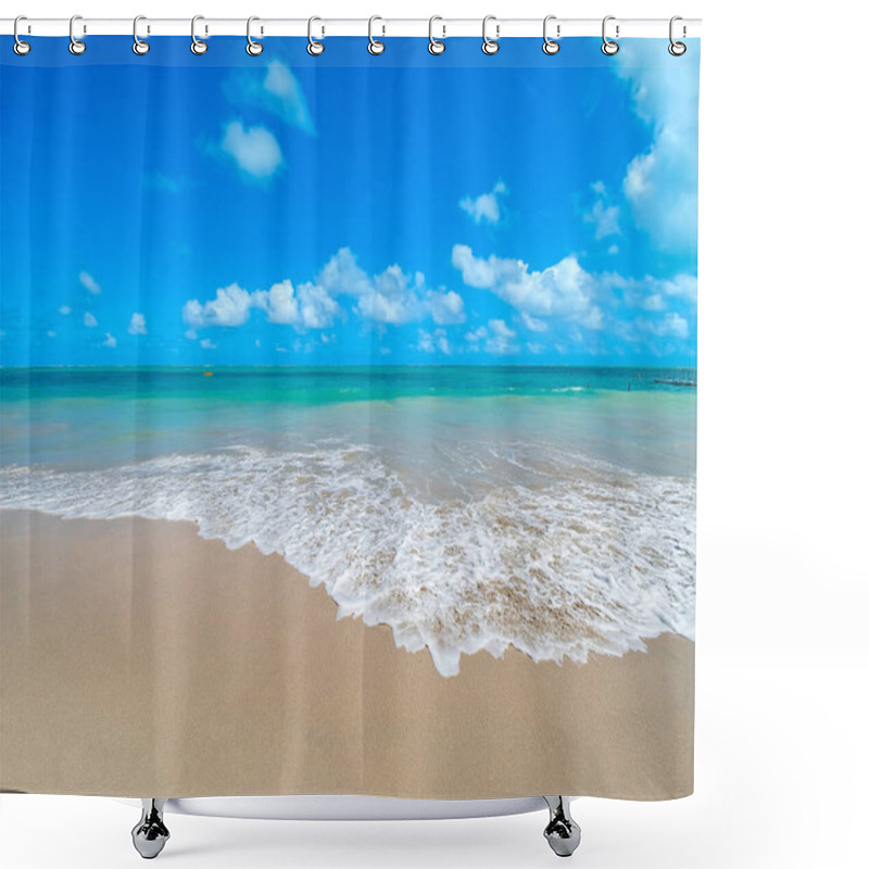 Personality  Beautiful Landscape With The Sea Water Hitting The Sand Of The Beach Calmly On A Beautiful Sea Beach In Cyan Tones On A Beautiful Blue Sky Day. Barra Grande Beach, Maragogi - AL, Brazil. Shower Curtains