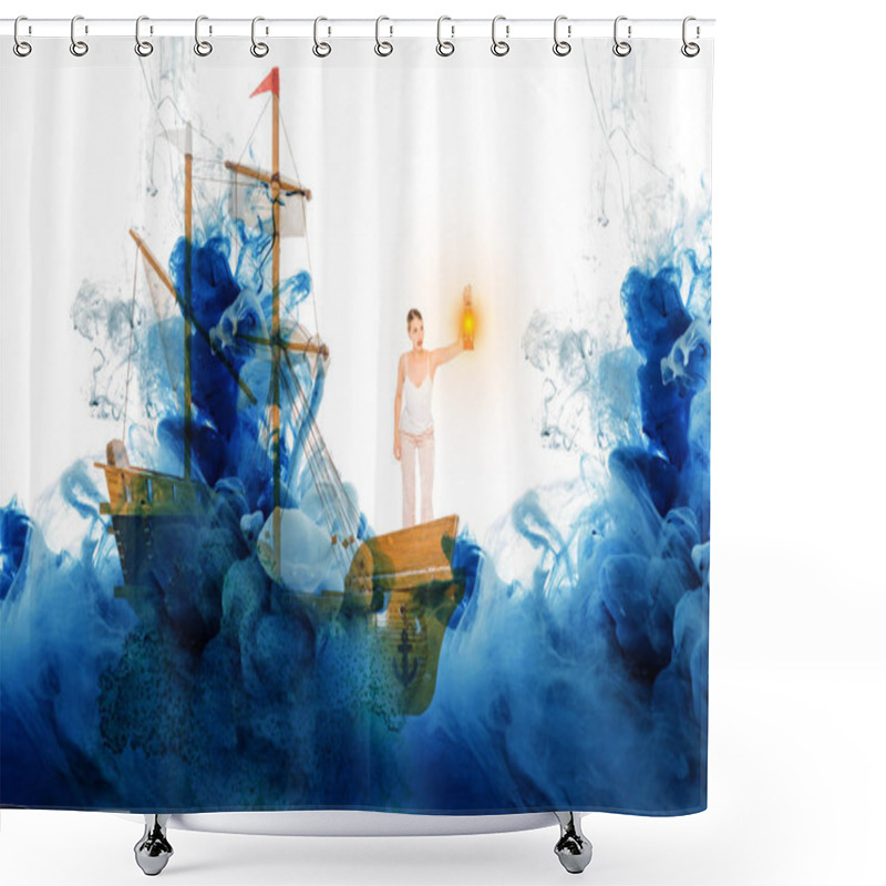 Personality  Girl Holding Lanter And Standing On Ship Model With Blue Cloud Illustration  Shower Curtains