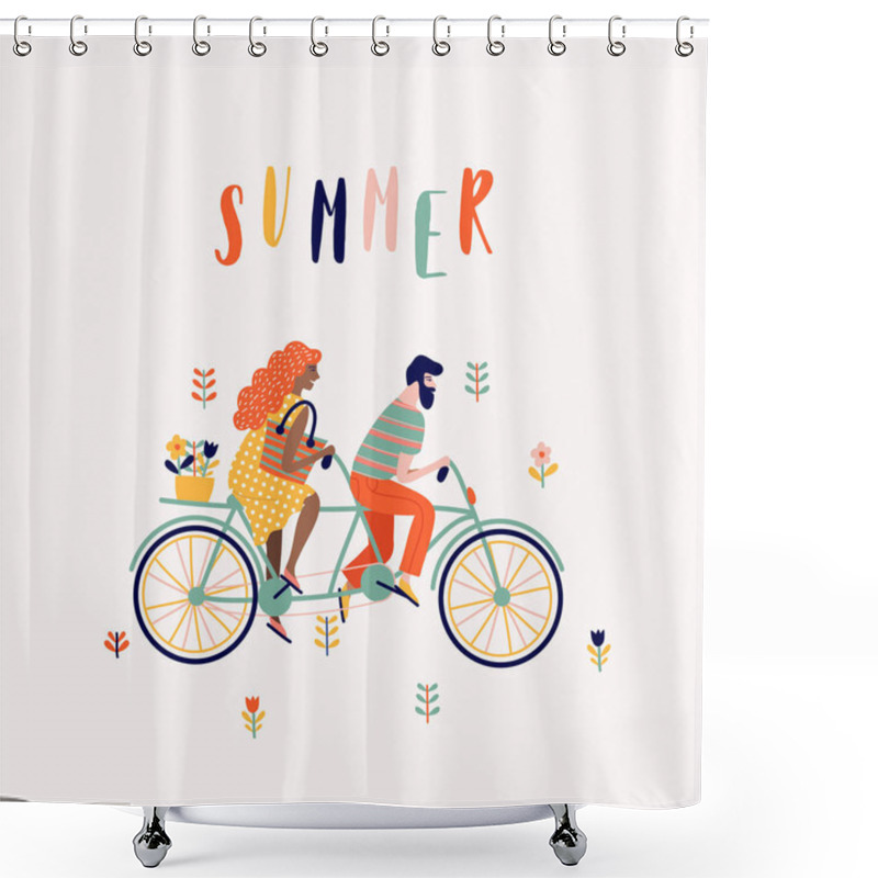 Personality  Summer Tandem Bike With Couple Cartoon Illustration Shower Curtains