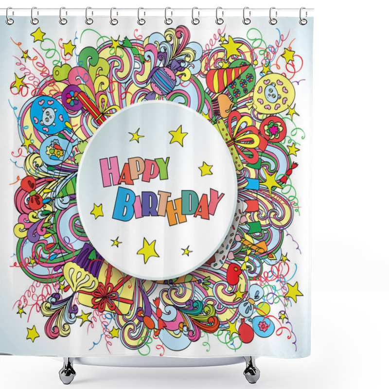 Personality  Happy Birthday Doodle Greeting Card On Background With Celebration Elements. Shower Curtains