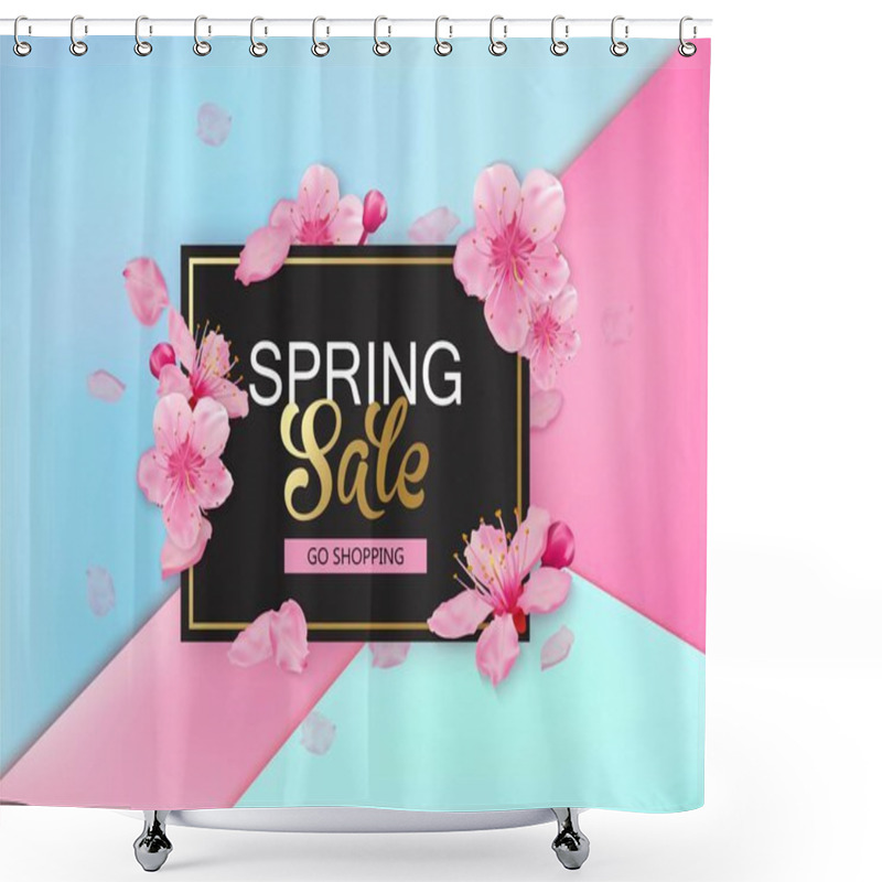 Personality  Spring Sale Background With Flowers. Season Discount Banner Design With Cherry Blossoms And Petals. Shower Curtains