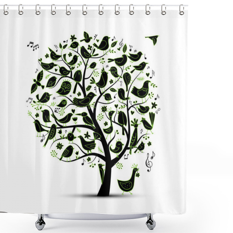 Personality  Tree With Birds, Sketch For Your Design. Vector Illustration Shower Curtains