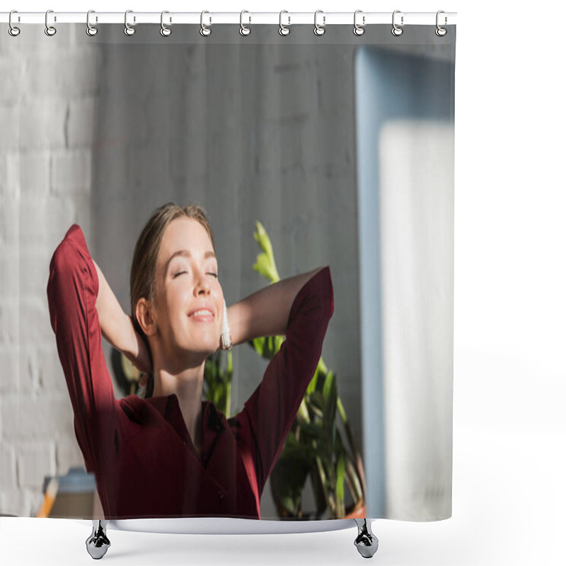 Personality  Happy Young Businesswoman Relaxing At Workplace Shower Curtains