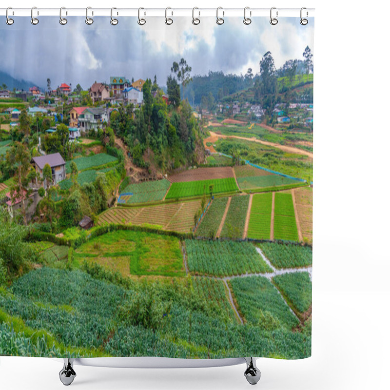 Personality  Hilly Landscape Of Sri Lanka Dotted With Villages And Tea Plantations Near Nuwara Eliya. Shower Curtains