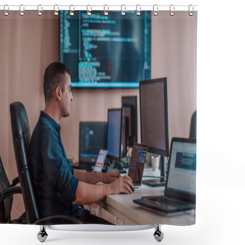 Personality  A Programmer Diligently Testing Smartphone Applications While Sitting In Their Office. High Quality Photo Shower Curtains