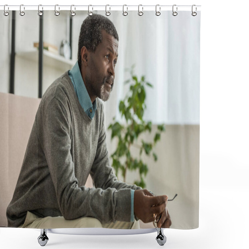 Personality  Thoughtful African American Man Holding Glasses And Looking Away Shower Curtains