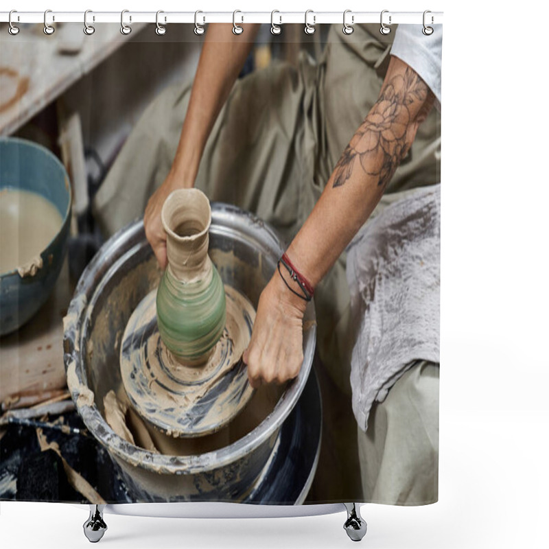 Personality  A Talented Woman Focuses On Crafting A Stunning Ceramic Vase On A Pottery Wheel. Shower Curtains