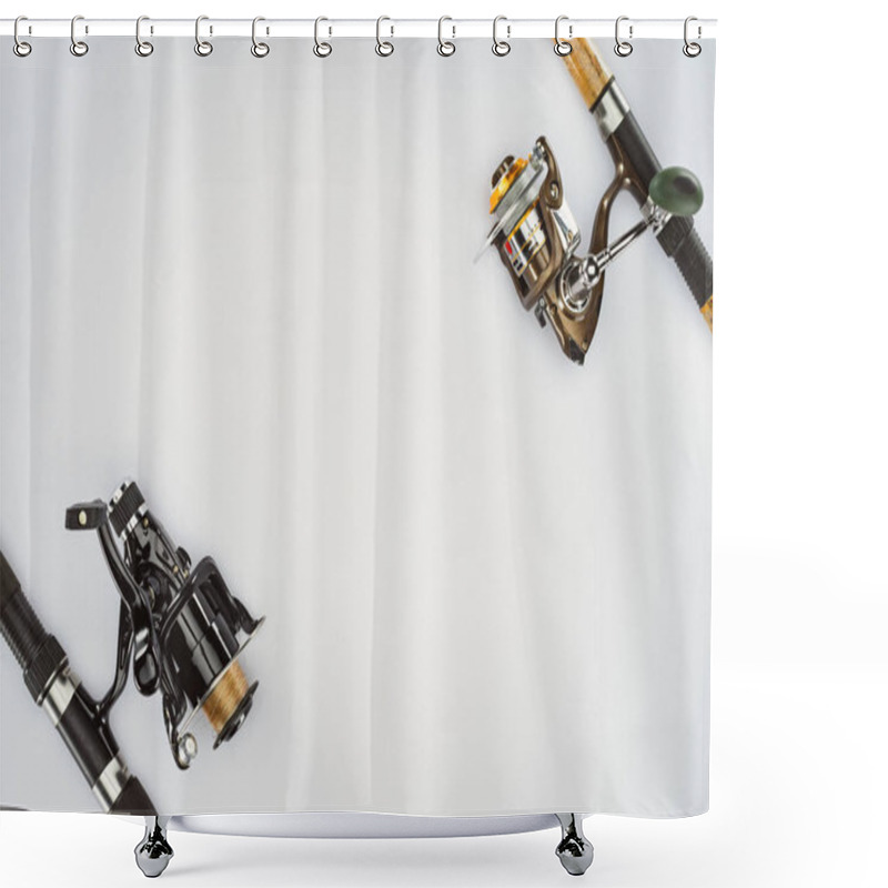 Personality  View From Above Of Two Arranged Fishing Rods Isolated On White, Minimalistic Concept  Shower Curtains