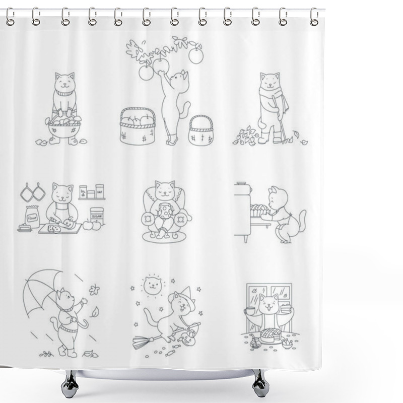 Personality  Collection Of Cute Kittens Enjoying Fall Season. Autumn Illustrations Of Cute Cats Walking With Umbrella, Drinking Hot Beverage, Picking Mushrooms And Raking Leaves.  Shower Curtains