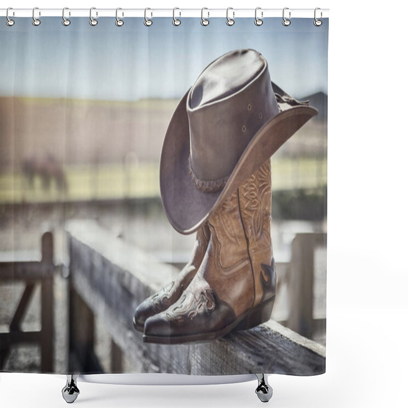 Personality  Country Music Festival Live Concert With Cowboy Hat And Boots By Ranch Stables Shower Curtains