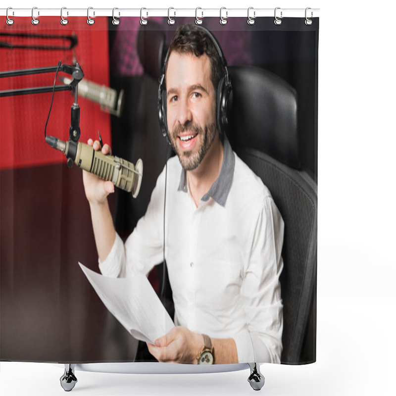 Personality  Portrait Of Young Male Radio Host At Radio Station With Headphones And Microphone Shower Curtains