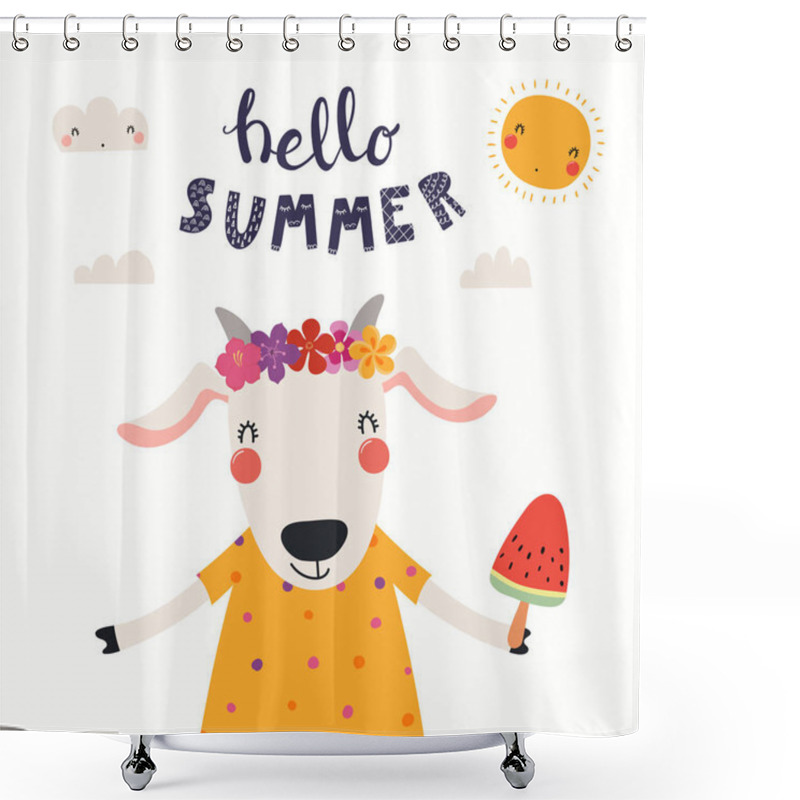 Personality  Hand Drawn Vector Illustration Of A Cute Goat Eating Ice Cream, With Lettering Quote Hello Summer Isolated On White Background. Scandinavian Style Flat Design. Concept For Summer Children Print Shower Curtains