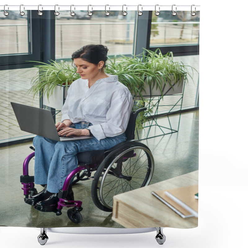 Personality  Attentive Disabled Businesswoman In Casual Attire In Wheelchair Working At Laptop While In Office Shower Curtains