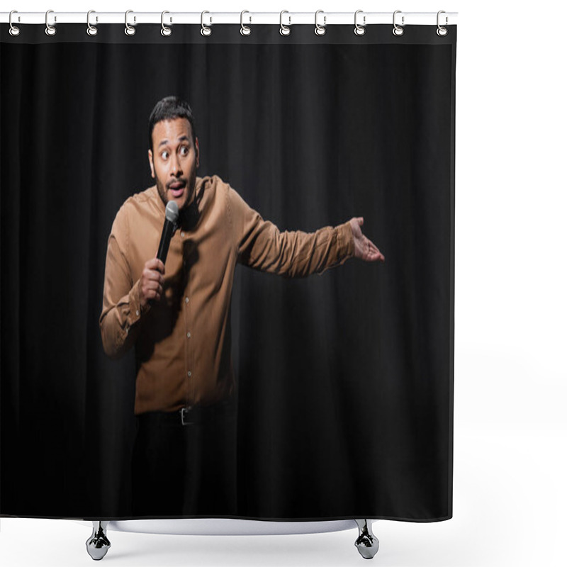 Personality  Puzzled Indian Comedian In Shirt And Bow Tie Holding Microphone And Gesturing During Monologue On Black  Shower Curtains