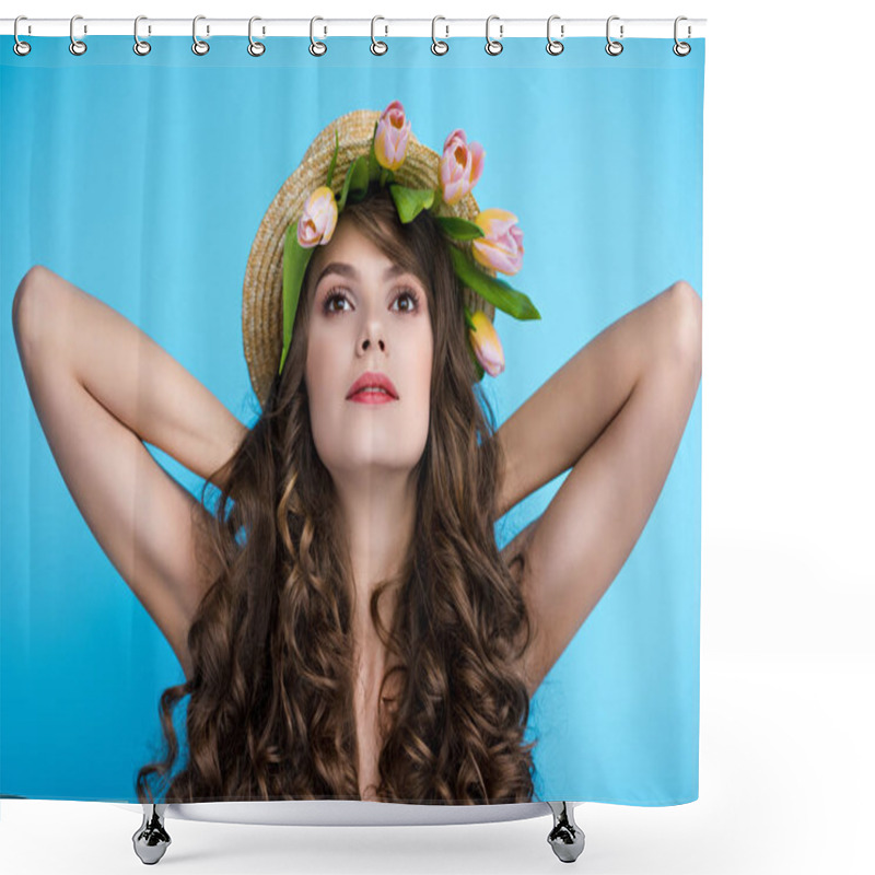 Personality  Beautiful Young Woman In Straw Hat With Pink Tulips Under It Isolated On Blue Shower Curtains